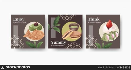 Banner template with wagashi Japanese dessert concept,watercolor style

