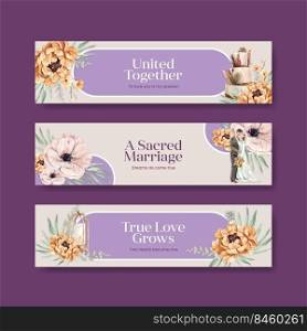 Banner template with wedding ceremony concept design for advertise watercolor illustration 