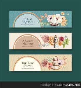 Banner template with wedding ceremony concept design for advertise watercolor illustration 