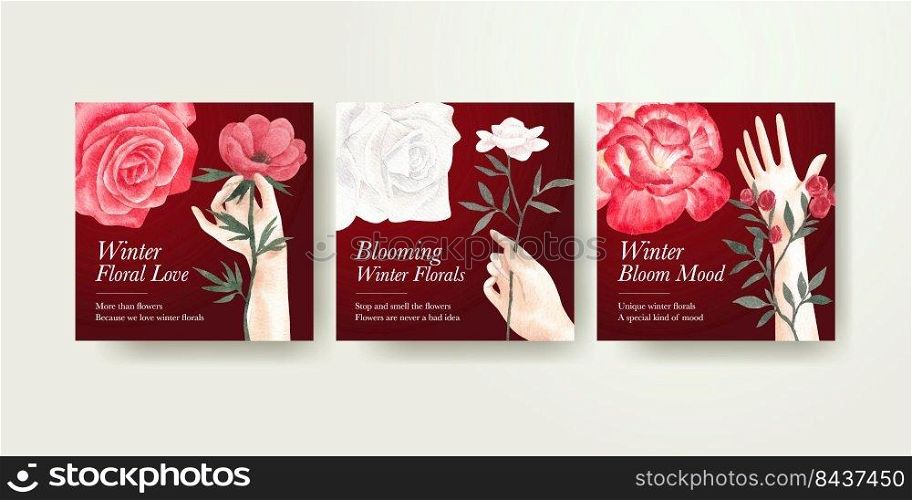 Banner template with winter floral concept,watercolor style 