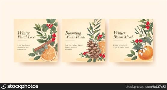 Banner template with winter floral concept,watercolor style 