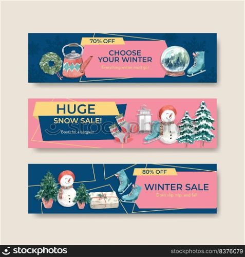 Banner template with winter sale concept design for advertise and marketing watercolor vector illustration 