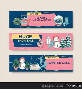 Banner template with winter sale concept design for advertise and marketing watercolor vector illustration 