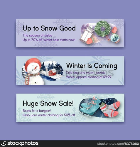 Banner template with winter sale concept design for advertise and marketing watercolor vector illustration 