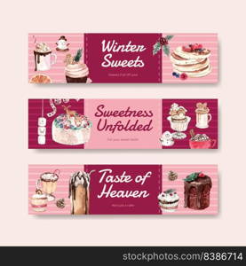 Banner template with winter sweets concept design for advertise and marketing watercolor vector illustration
