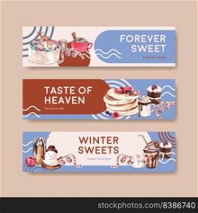 Banner template with winter sweets concept design for advertise and marketing watercolor vector illustration 