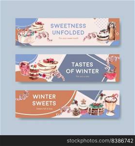 Banner template with winter sweets concept design for advertise and marketing watercolor vector illustration
