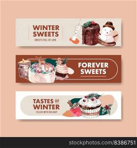 Banner template with winter sweets concept design for advertise and marketing watercolor vector illustration 