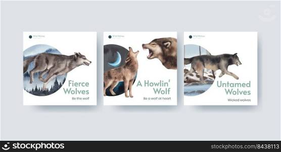 Banner template with wolf in winter concept,watercolor style  