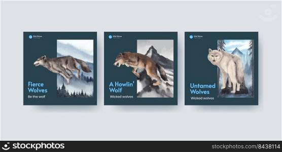 Banner template with wolf in winter concept,watercolor style 
