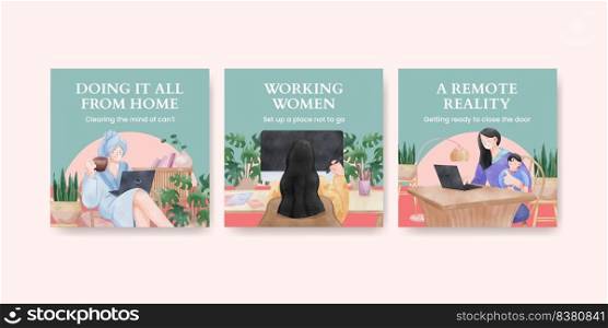 Banner template with woman work from home concept,watercolor style 
