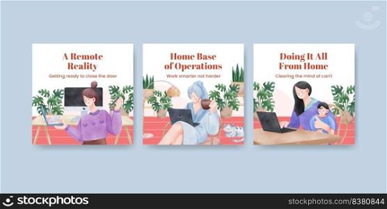 Banner template with woman work from home concept,watercolor style
