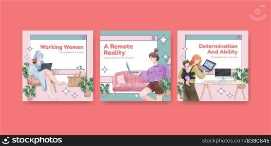 Banner template with woman work from home concept,watercolor style 