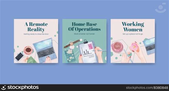 Banner template with woman work from home concept,watercolor style
