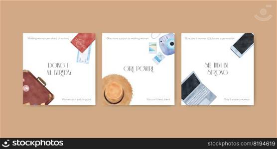 Banner template with working woman traveler concept,watercolor style  