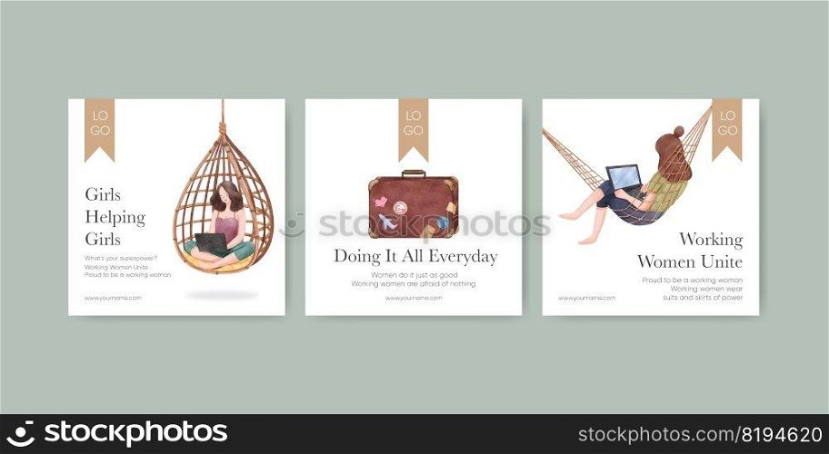 Banner template with working woman traveler concept,watercolor style  