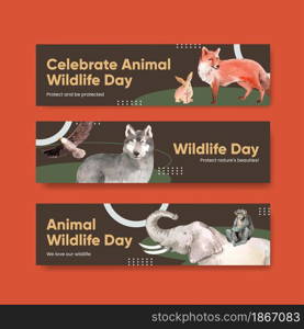 Banner template with world animal day concept,watercolor style