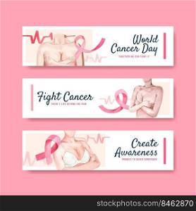 Banner template with world cancer day concept design for advertise and marketing watercolor vector illustration. 