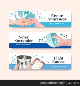 Banner template with world cancer day concept design for advertise and marketing watercolor vector illustration. 