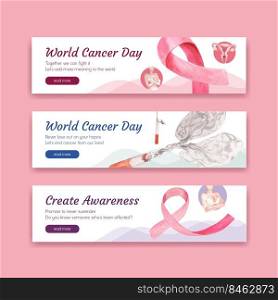 Banner template with world cancer day concept design for advertise and marketing watercolor vector illustration.
