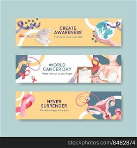 Banner template with world cancer day concept design for advertise and marketing watercolor vector illustration.
