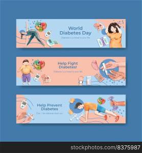 Banner template with world diabetes day concept design for advertise and marketing watercolor vector illustration. 