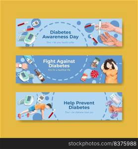 Banner template with world diabetes day concept design for advertise and marketing watercolor vector illustration. 
