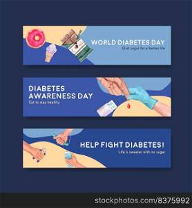 Banner template with world diabetes day concept design for advertise and marketing watercolor vector illustration.
