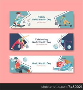 Banner template with world health day concept design watercolor illustration 