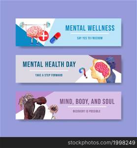 Banner template with world mental health day concept design for advertise and marketing watercolor vector illustration.