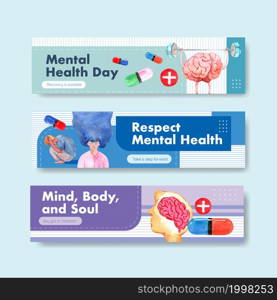 Banner template with world mental health day concept design for advertise and marketing watercolor vector illustration.
