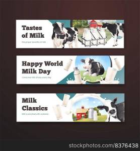 Banner template with world milk day concept,watercolor style 