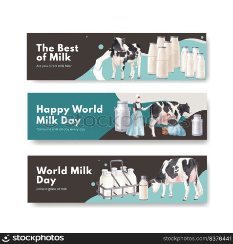 Banner template with world milk day concept,watercolor style
