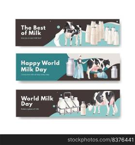 Banner template with world milk day concept,watercolor style
