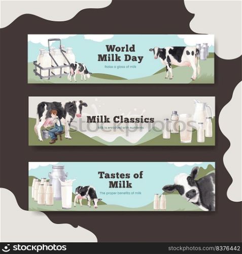 Banner template with world milk day concept,watercolor style 