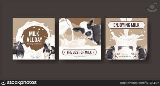 Banner template with world milk day concept,watercolor style
