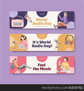 Banner template with world radio day concept design for advertise and marketing watercolor vector illustration 