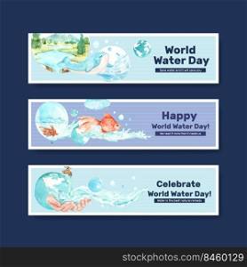 Banner template with world water day concept design for advertise and marketing watercolor vector illustration 