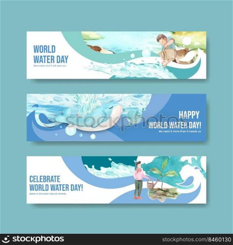 Banner template with world water day concept design for advertise and marketing watercolor vector illustration
