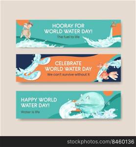 Banner template with world water day concept design for advertise and marketing watercolor vector illustration 