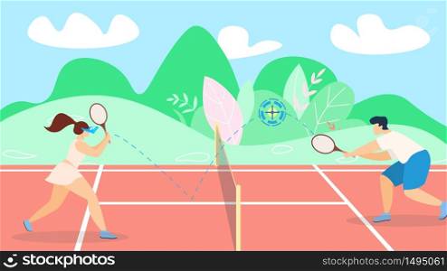 Banner Tennis Game Development Strategy Lettering. Poster Professional Players are on Different Sides Net. Flyer One Players is Server, Second One who Serves Cartoon. Vector Illustration.