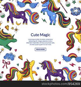 Banner vector cute hand drawn magic unicorns and stars background with place for text illustration. Vector cute hand drawn magic unicorns and stars background