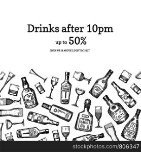 Banner vector hand drawn alcohol drink bottles and glasses background illustration with place for text. Vector hand drawn alcohol drink bottles and glasses background illustration