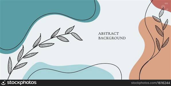Banner web design template background colored organic shapes, line art leaves. Vector illustration