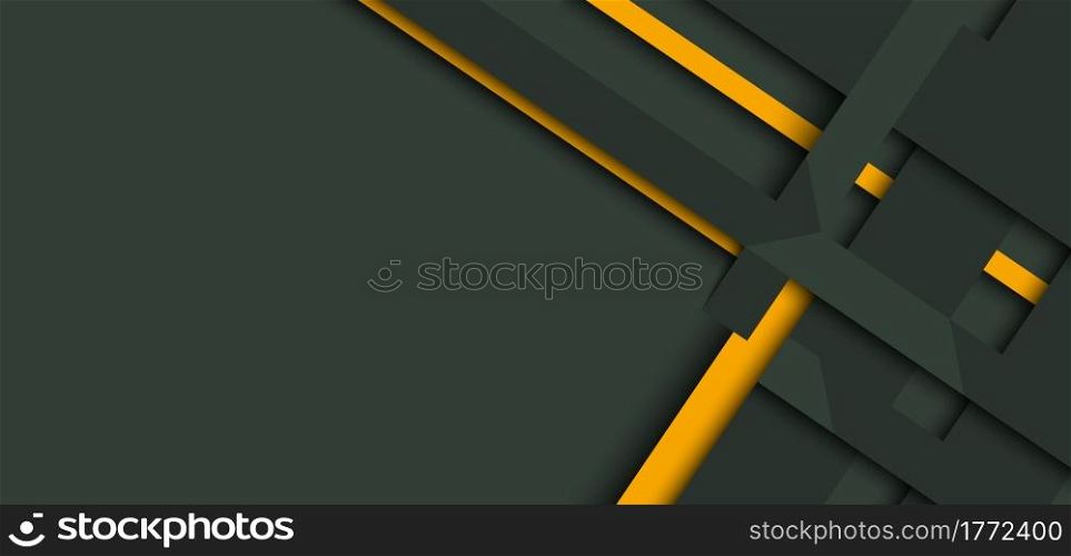 Banner web design template yellow and green geometric stripes overlapping with shadow on dark background. Vector illustration