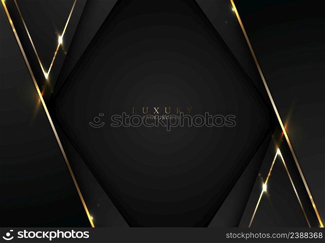 Banner web elegant 3D abstract black stripes shapes with lighting shiny golden diagonal lines on dark background template luxury style. Vector illustration