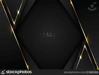 Banner web elegant 3D abstract black stripes shapes with lighting shiny golden diagonal lines on dark background template luxury style. Vector illustration