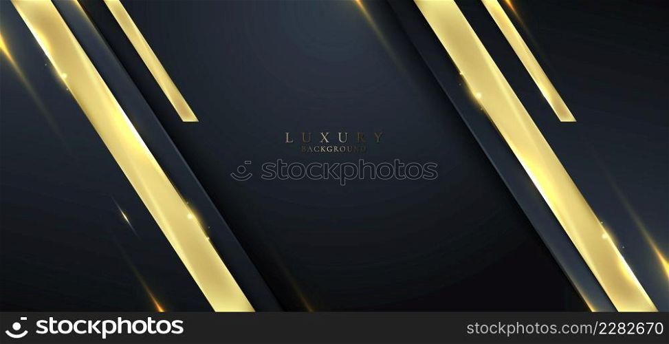 Banner web elegant 3D abstract blue stripes shapes with lighting shiny golden diagonal lines on dark blue background template luxury style. Vector illustration