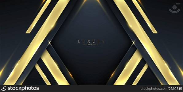 Banner web elegant 3D abstract blue stripes shapes with lighting shiny golden diagonal lines on dark blue background template luxury style. Vector illustration