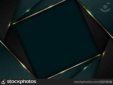Banner web elegant 3D abstract green and black stripes shapes with lighting shiny golden diagonal lines on dark background template luxury style. Vector illustration